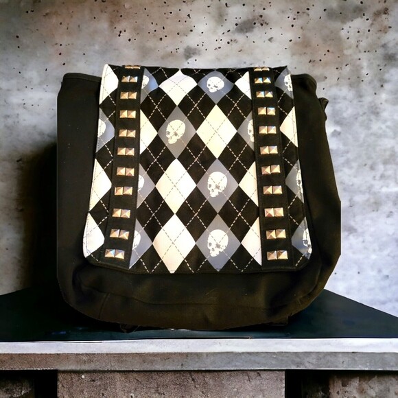 Convertible Backpack Messenger Laptop Black White Plaid w Skulls Silver Studs